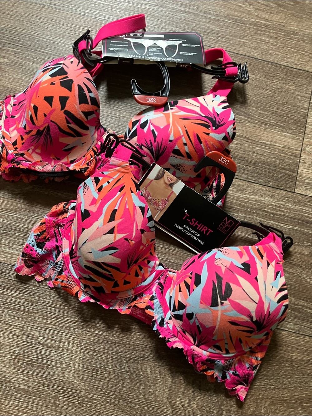 No Boundaries Pink Orange Floral T-Shirt Bra 2 pack